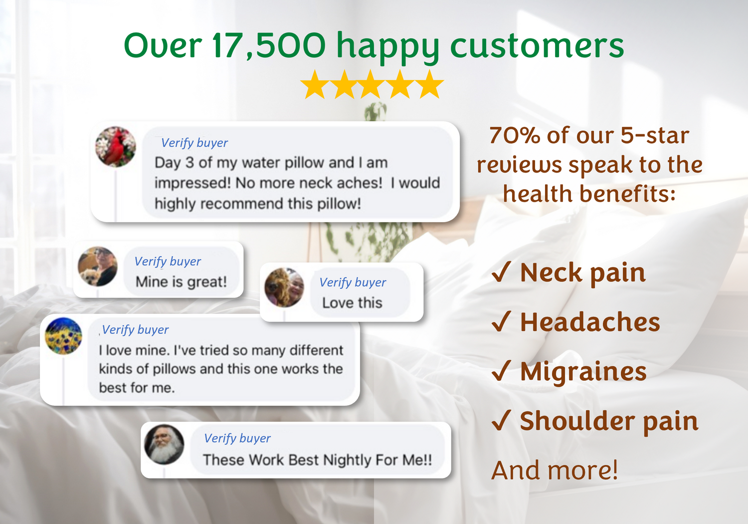 Over 17,500 happy customers. 70% of our 5-star reviews speak to the health benefits: neck pain, headaches, migraines, shoulder pain and more!